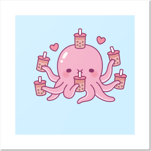 Cute Pink Octopus Loves Bubble Tea Posters and Art